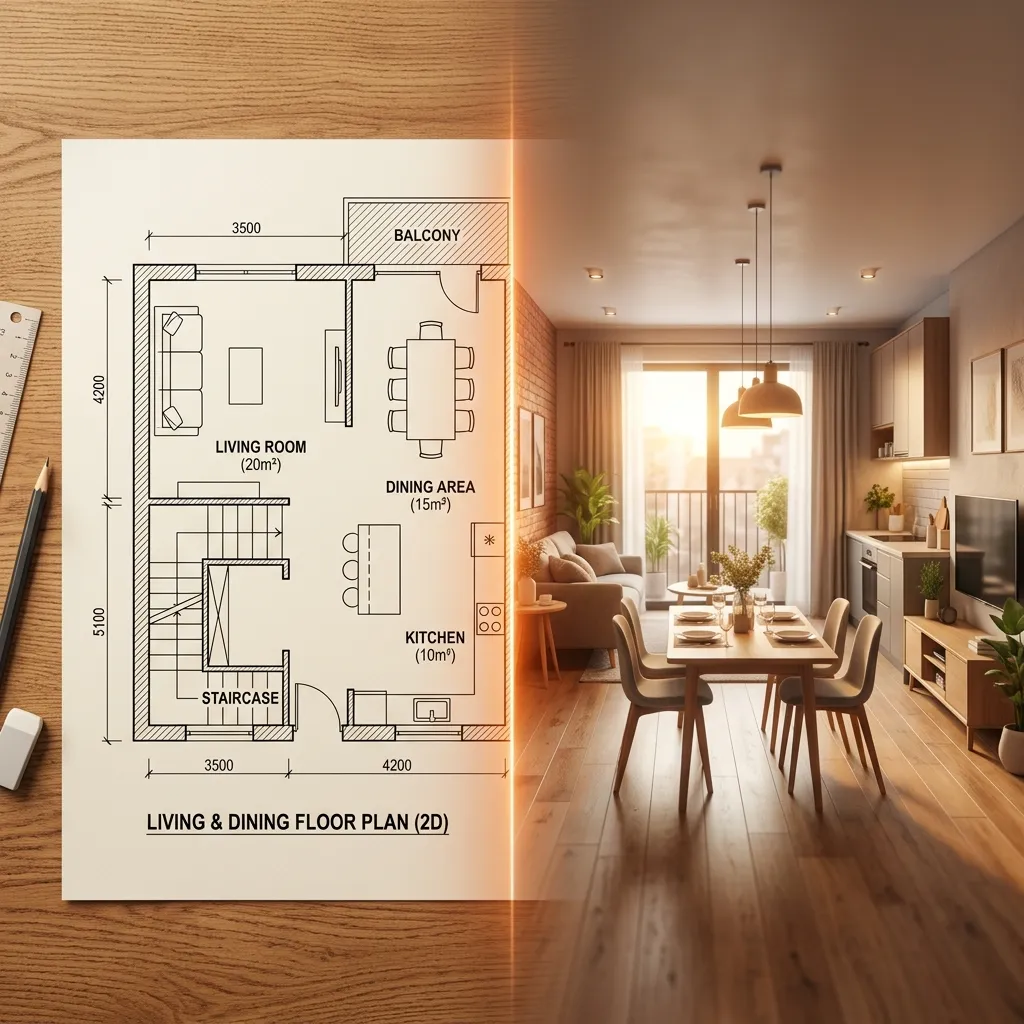 2D layout converted into a 3D floor plan visual