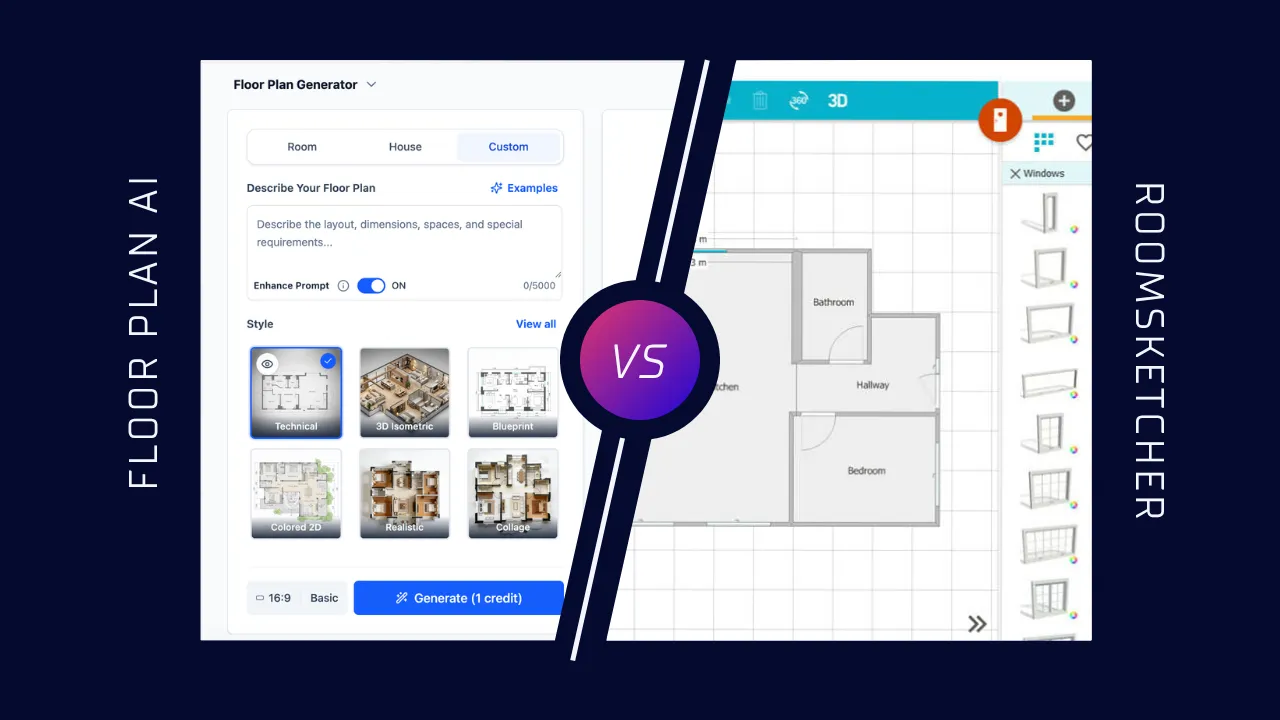 Floor Plan AI generator compared with the RoomSketcher floor plan editor