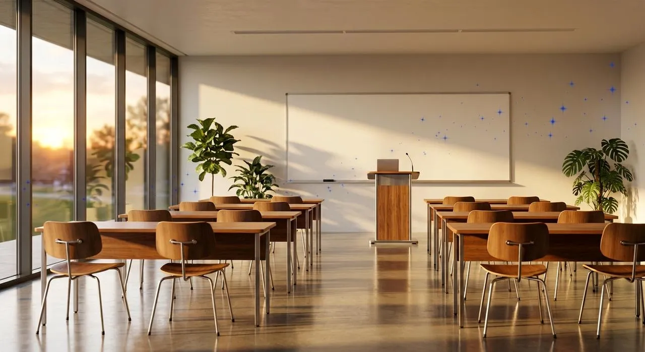 Classroom with student desks, a whiteboard, and a teaching area