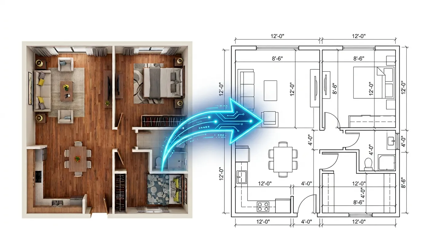 Convertidor DXF online mostrando una imagen de plano y un dibujo DXF listo para CAD