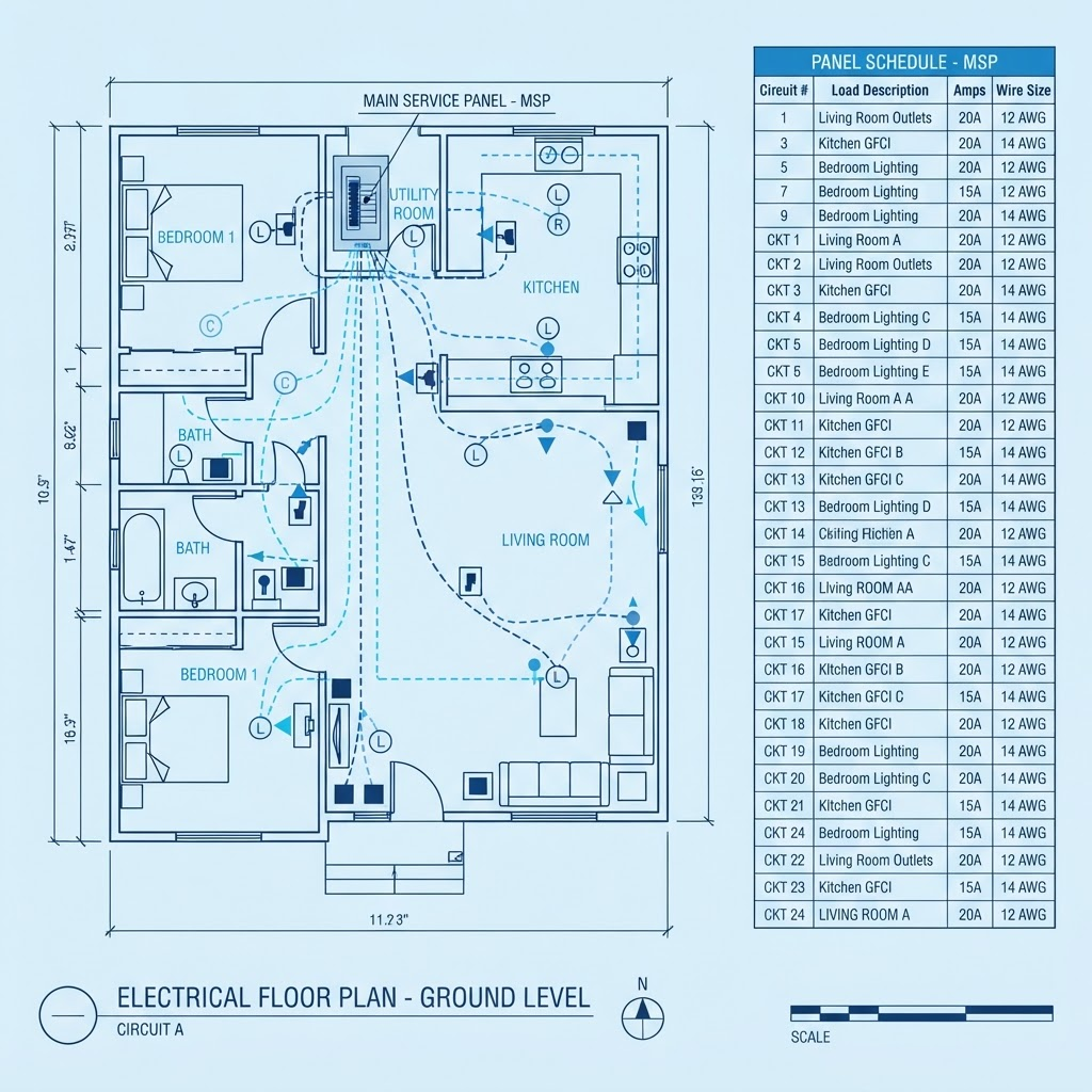 Circuit labels and electrical details on a plan