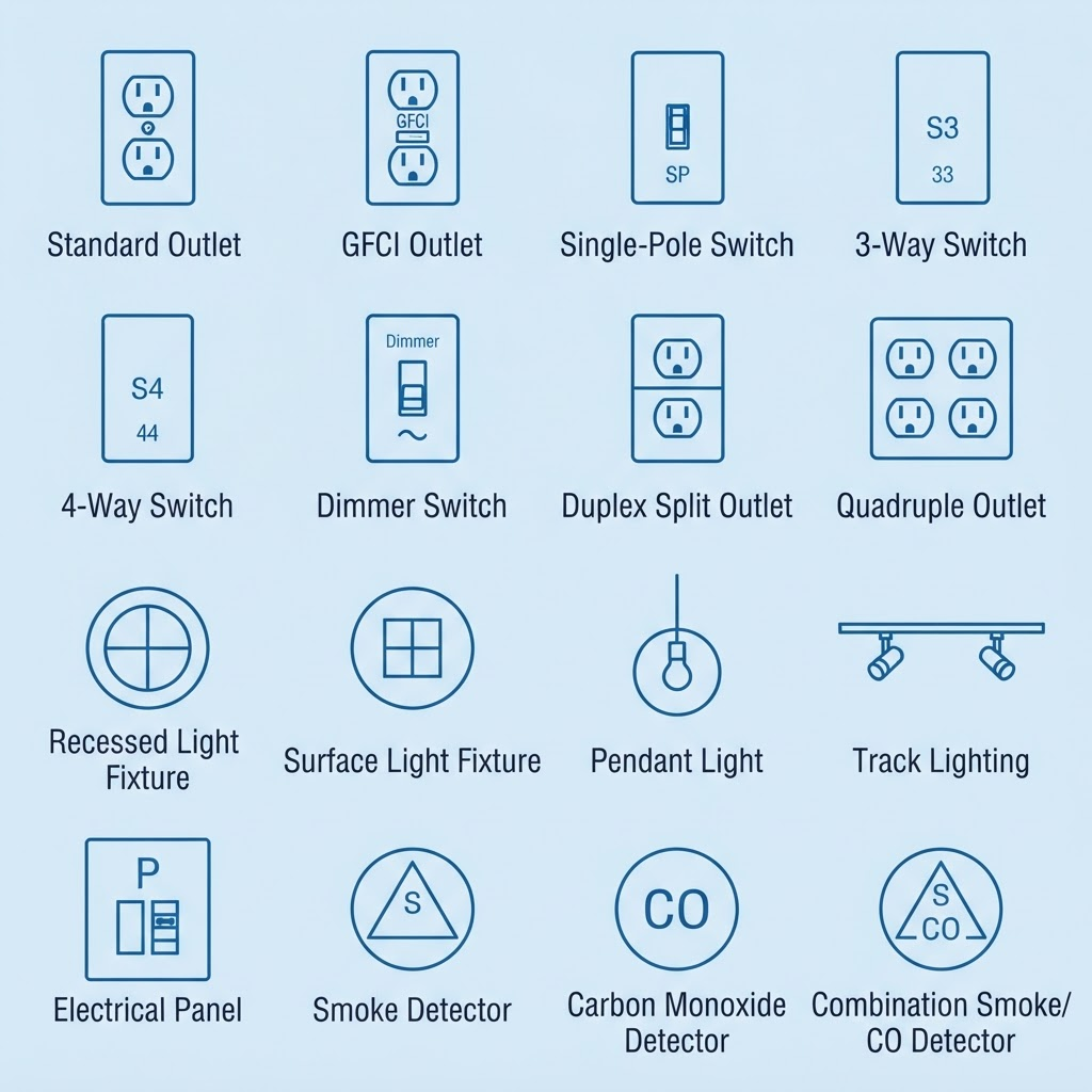 Grid of NEC-compliant electrical symbols including outlets, switches, and panels