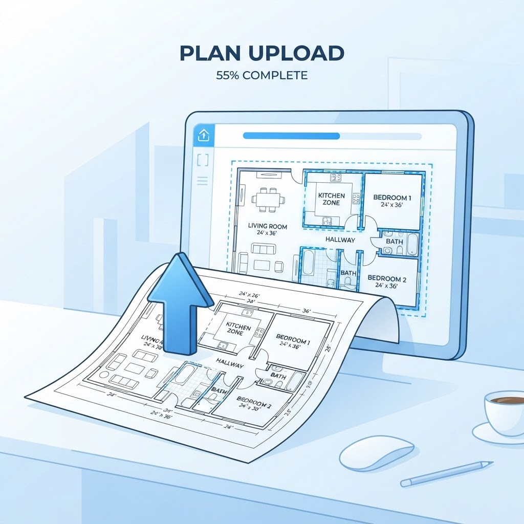 A floor plan being uploaded with automatically detected room boundaries