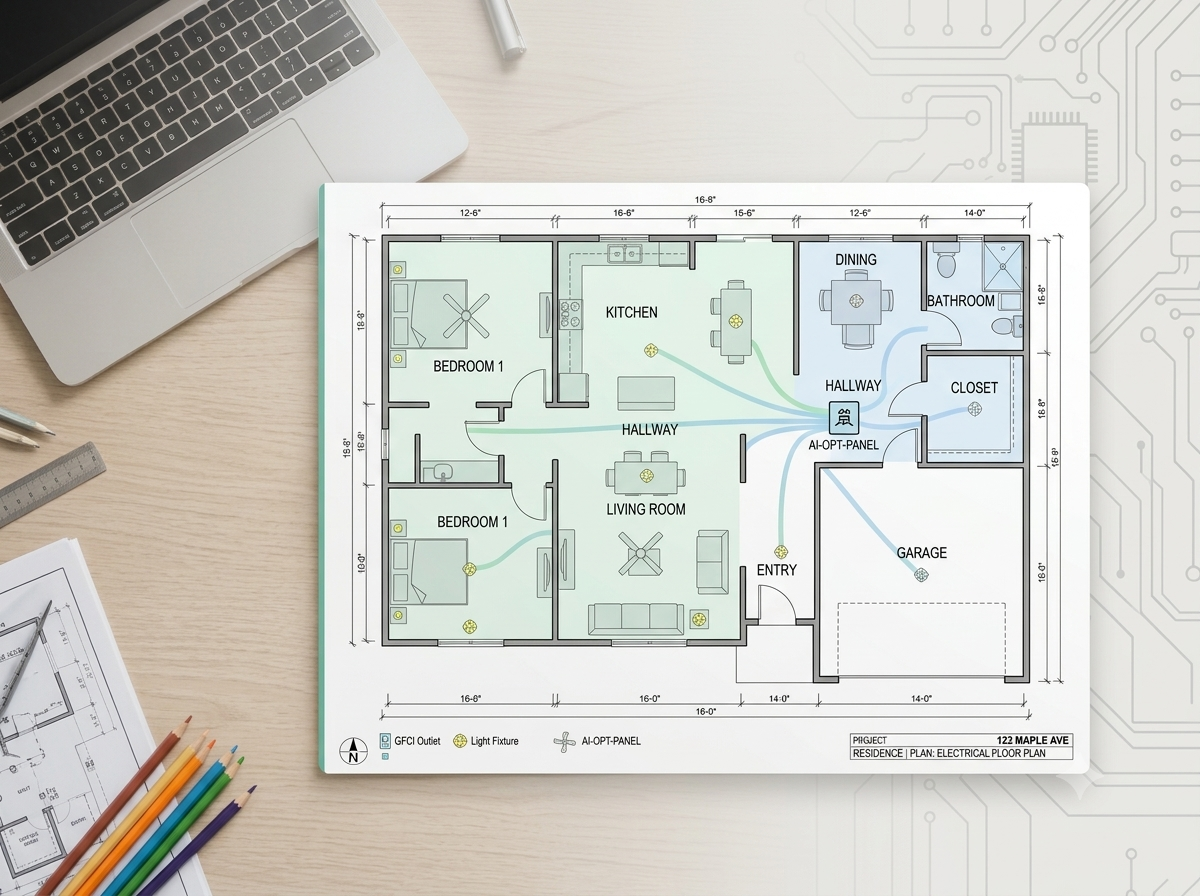 Plano eléctrico residencial con tomacorrientes, interruptores y tablero