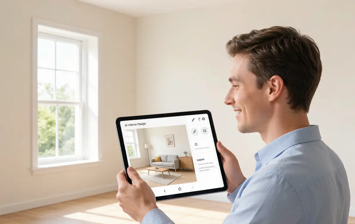 Homeowner previewing a furnished room from a floor plan