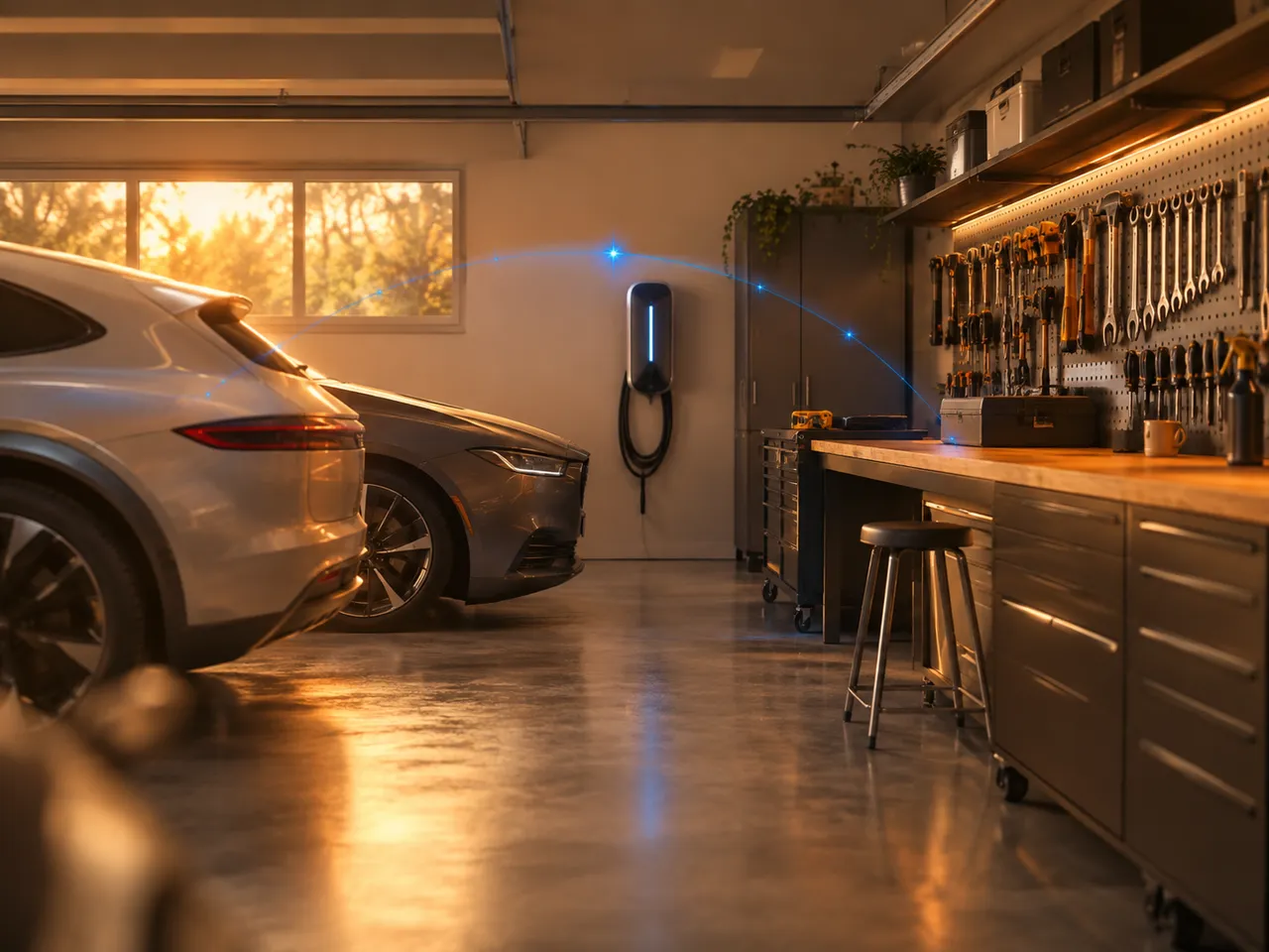 Garage with a parked vehicle, EV charger, tool storage, and a workbench