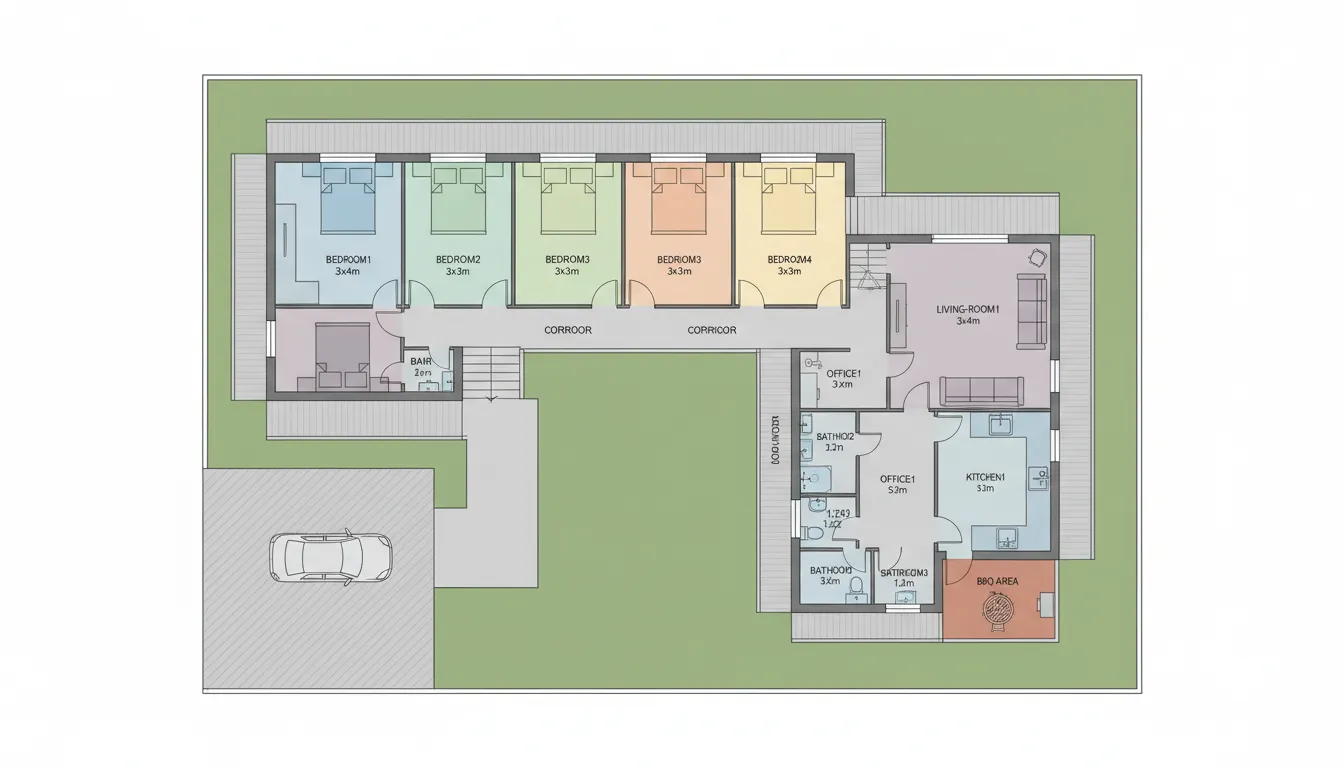 4-Bedroom + Office Multi-Room Layout — Colored 2D