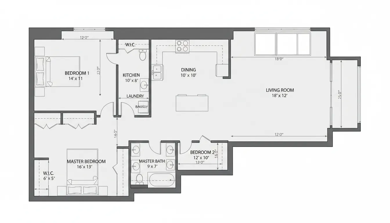 Apartment Layout with Bedrooms, Living, Kitchen, Bathrooms