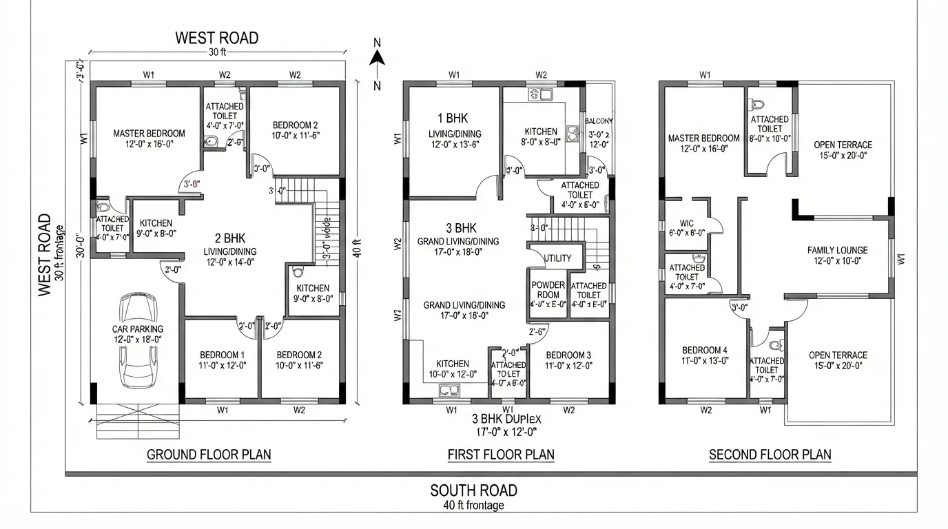 Indian Corner-Plot Multi-Unit — Ground + First + Duplex
