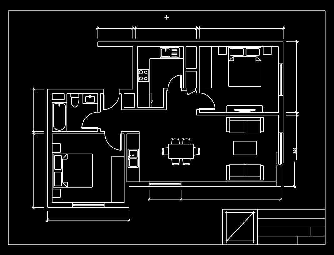 Converted DWG apartment drawing with walls, doors, windows and dimensions