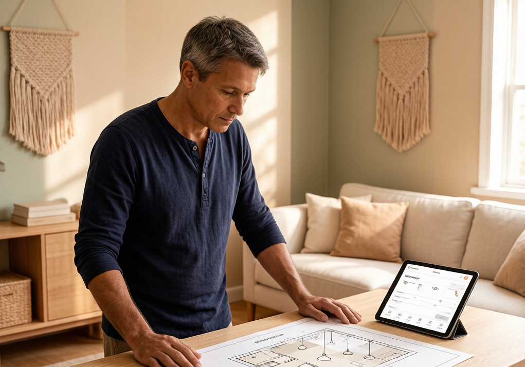 Homeowners using a lighting plan maker