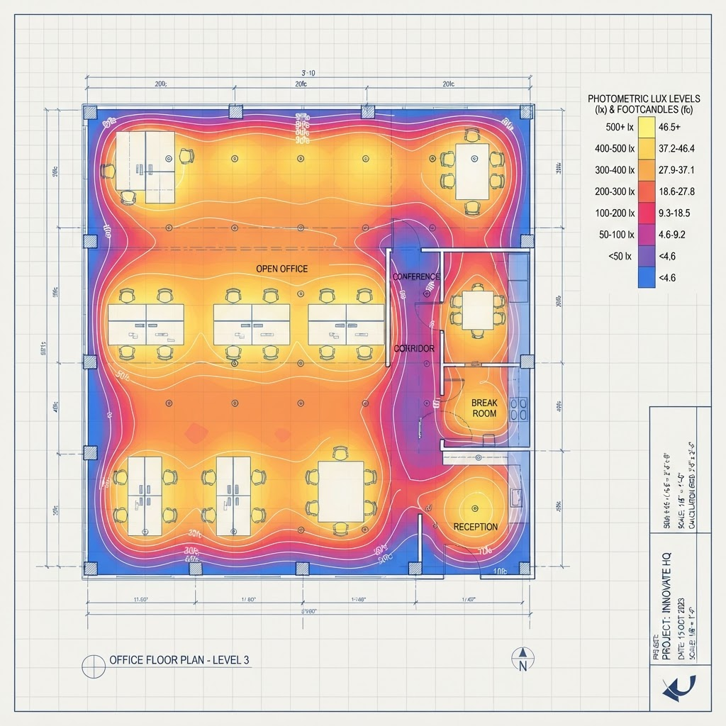 Smart lighting fixture placement and calculations