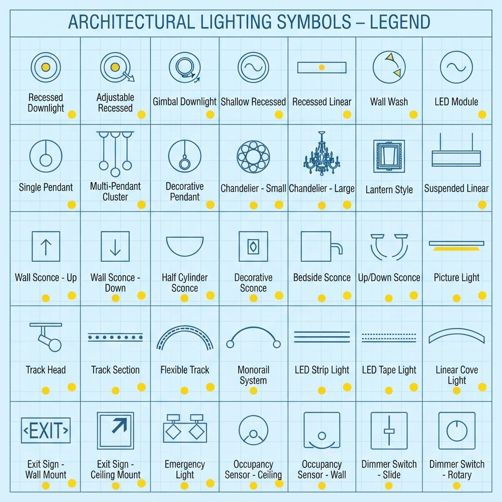 Lighting symbols for recessed, pendant, track, and wall fixtures