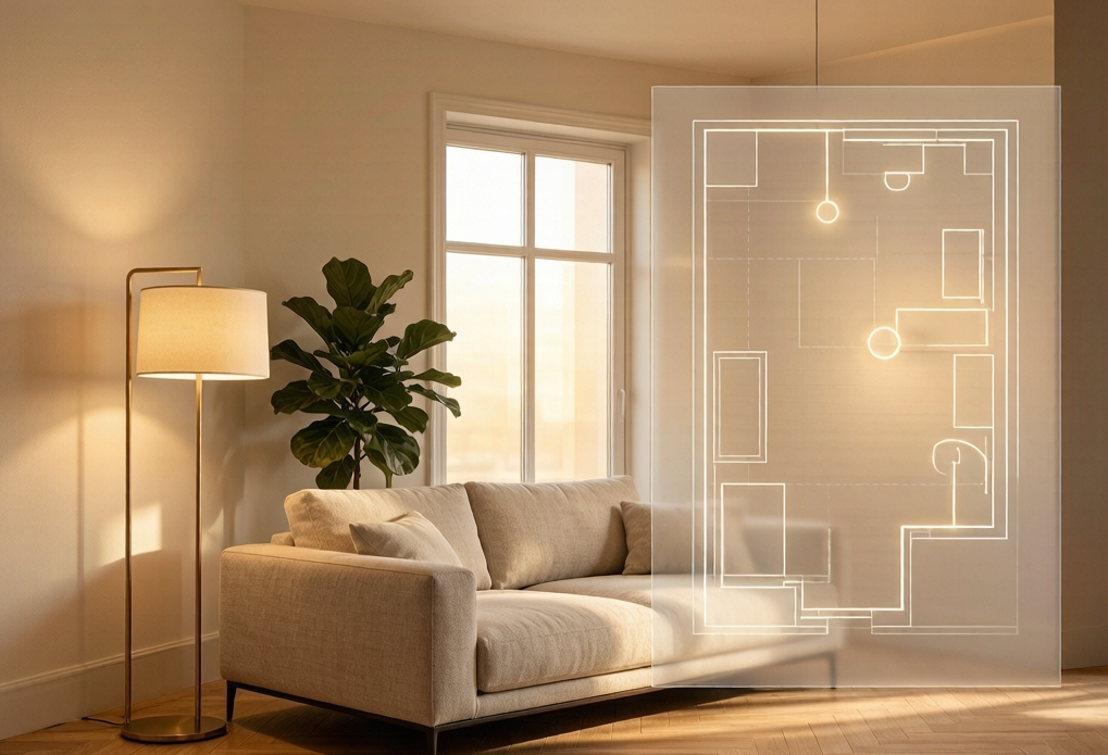 Plano de iluminación residencial con downlights, colgantes e interruptores