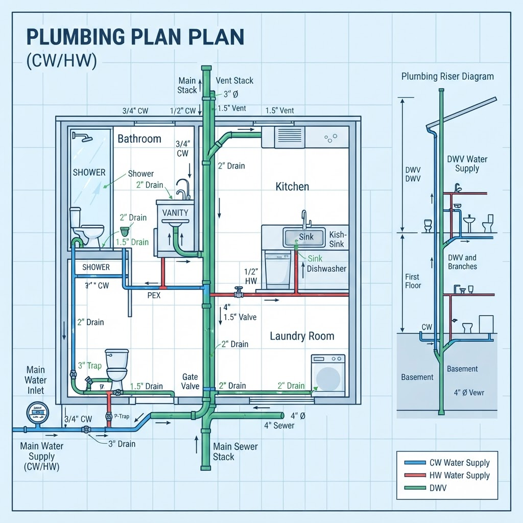 Automatic plumbing pipe routing and IPC sizing