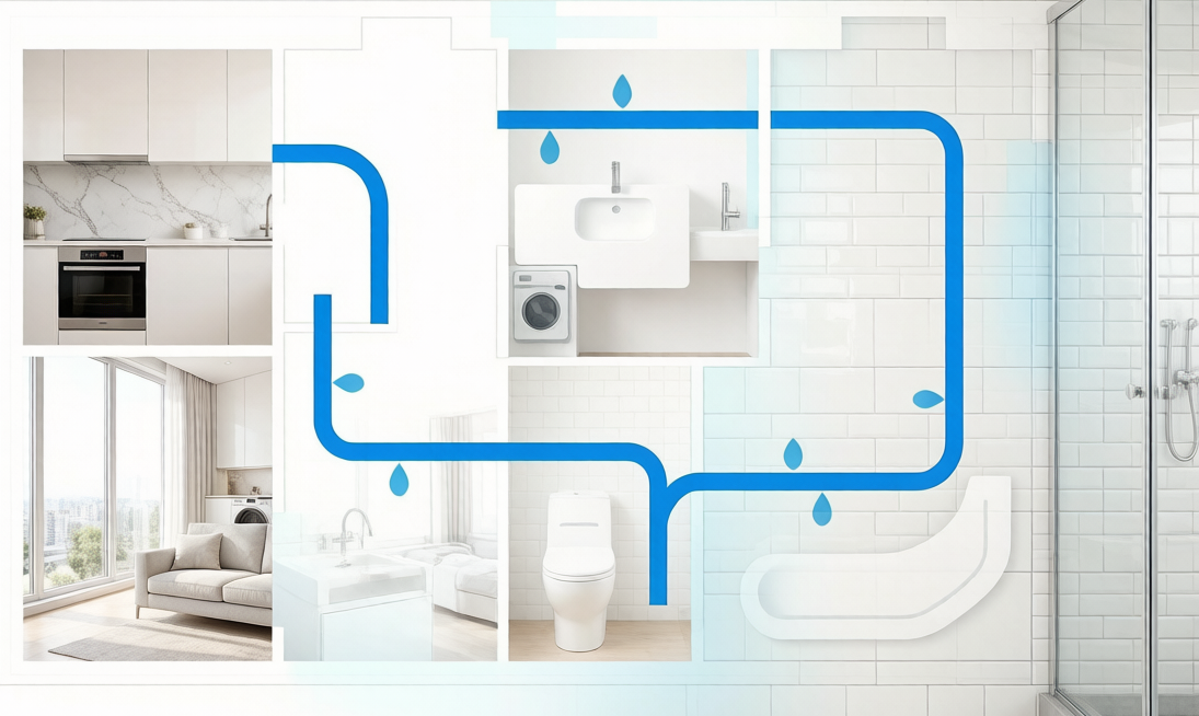 Residential plumbing plan with fixtures, hot and cold supply lines, and drain-waste-vent piping