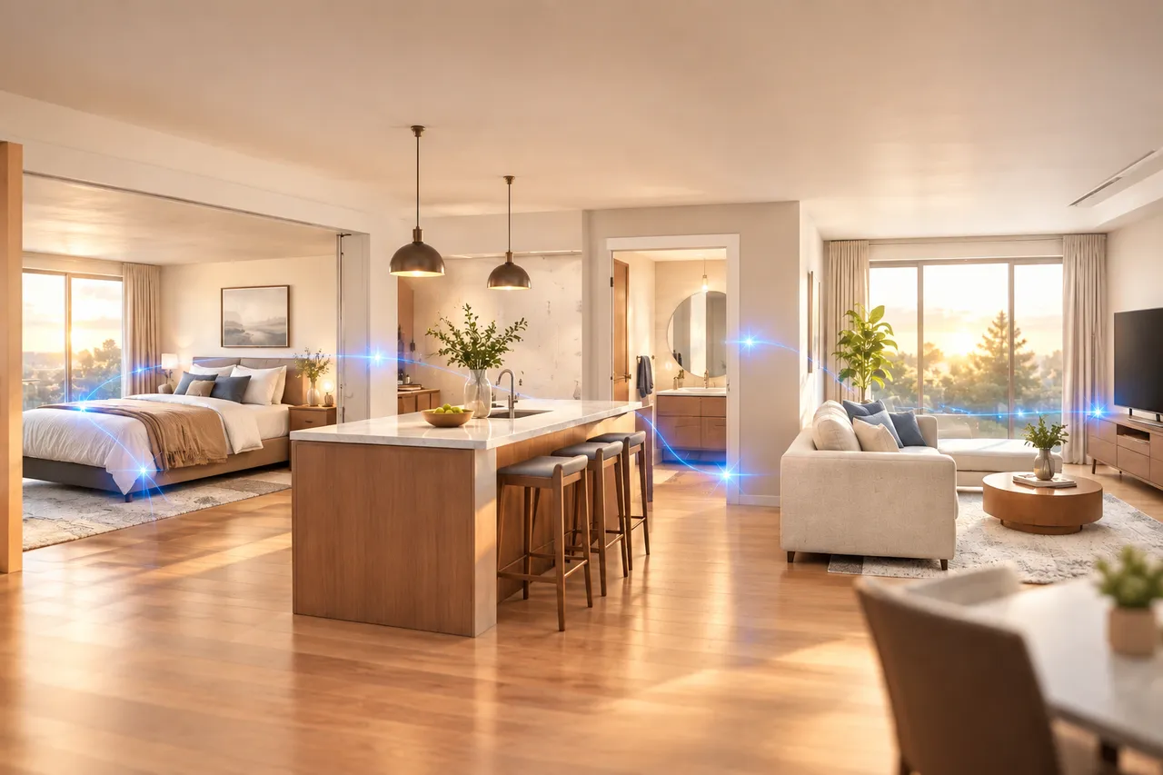 Home interior showing connected bedroom, living room, and kitchen spaces