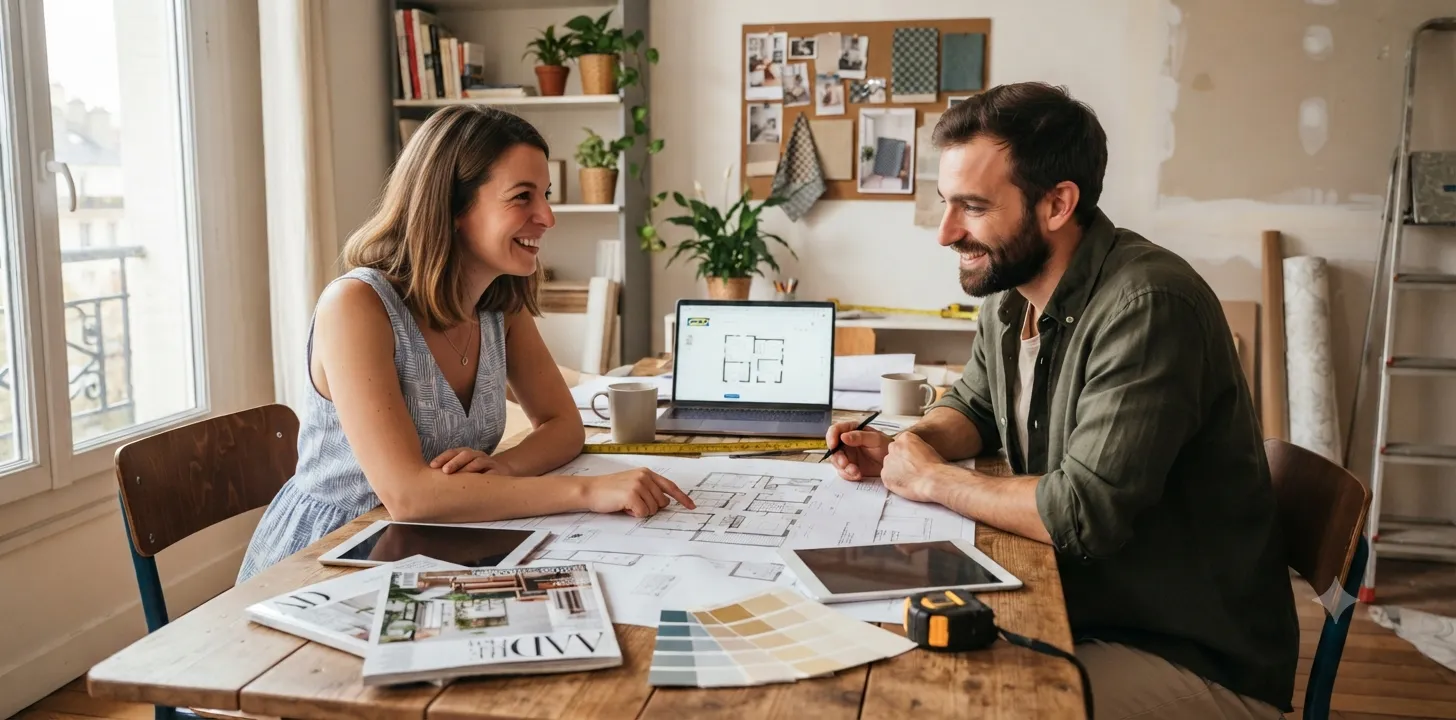 Homeowner planning a renovation with a floor plan